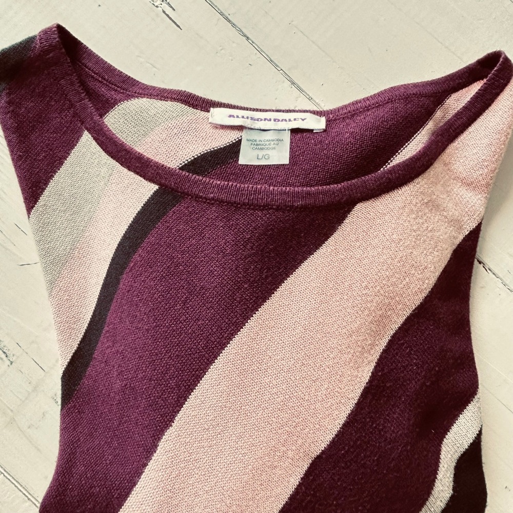 Allison‎ Daley Top L Purple Diagonal Stripe 3/4 Sleeve Knit Lightweight